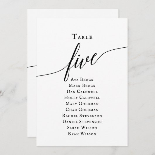 Zwart Elegant Script Tabel Nummer 5 Zitplaatskaart Kaart (Voorkant / Achterkant)