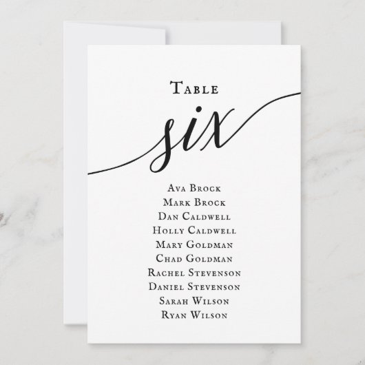 Zwart Elegant Script Tabel Nummer 6 Zitplaatskaart Kaart (Voorkant)