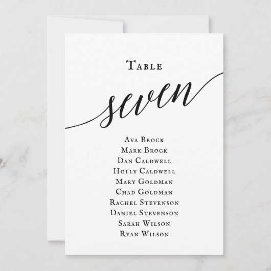 Zwart elegant script tabel nummer 7 kaart (Voorkant)