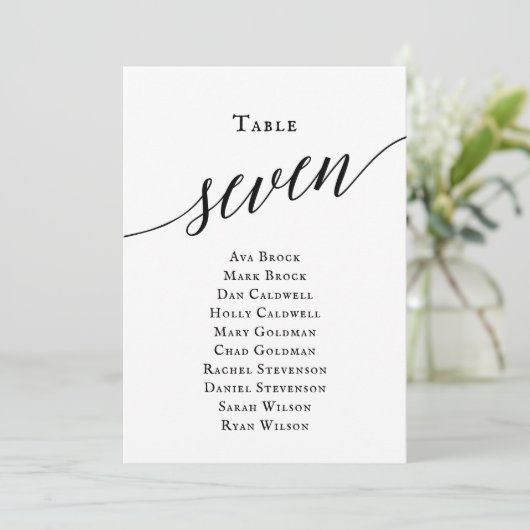 Zwart elegant script tabel nummer 7 kaart (Staand voorkant)