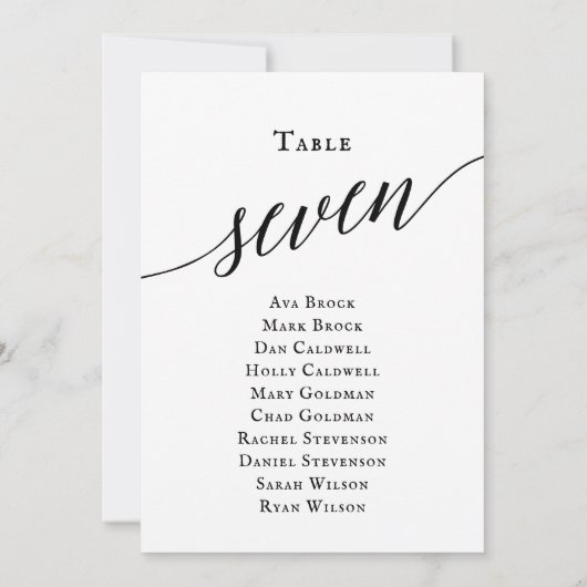 Zwart elegant script tabel nummer 7 kaart (Achterkant)
