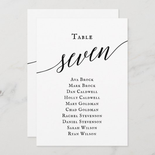 Zwart elegant script tabel nummer 7 kaart (Voorkant / Achterkant)