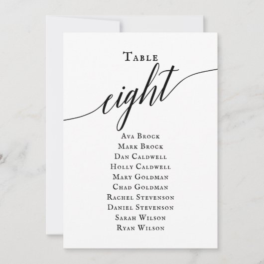 Zwart elegant script tabel nummer 8 kaart (Voorkant)
