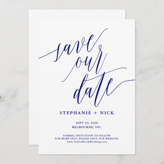 Zwart Elegant Script Uitnodiging Marine Blauw (Voorkant / Achterkant)