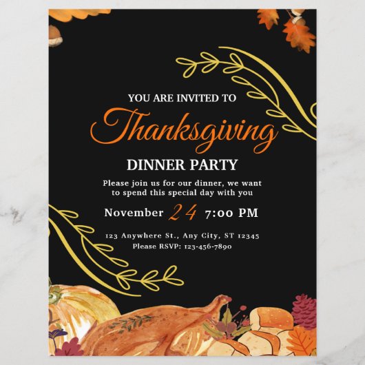 Zwart Elegant Thanksgiving etentje Printable Flyer (Voorkant)