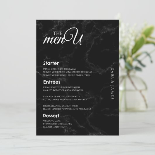 Zwart Elegant Trouwtafel Menu Kaarten (Staand voorkant)