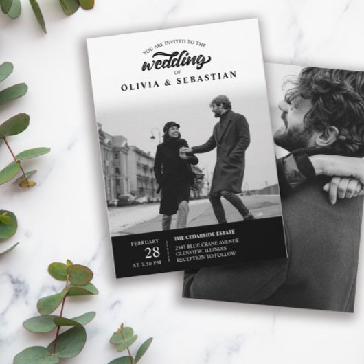 Zwart Elegant Typografie Foto Bruiloft Kaart