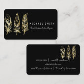 Zwart elegant visitekaartje met gouden veren veren (Voorkant / Achterkant)
