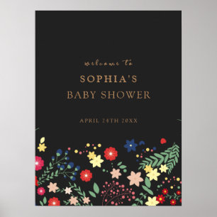 Zwart Elegant Wildflower Baby shower Welkom Poster