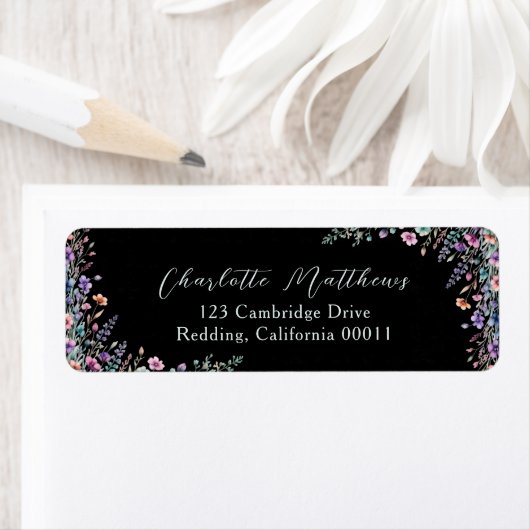 Zwart Elegant Wildflower Bloemen Script Wedding Etiket (Insitu)