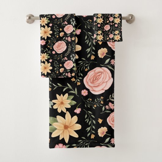 Zwart Elegant  Wildflower Roos Pattern Bad Handdoek (Insitu)
