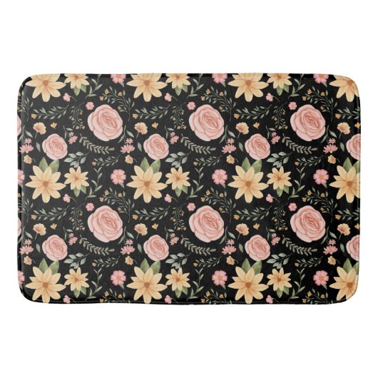 Zwart Elegant Wildflower Roos Pattern Badmat (Voorkant)