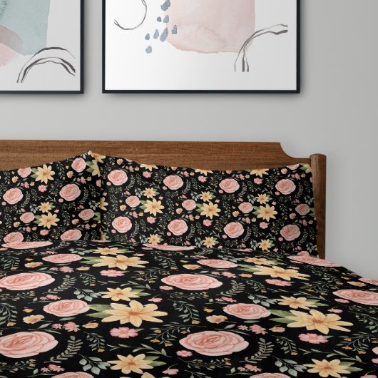 Zwart Elegant  Wildflower Roos Pattern Kussensloop