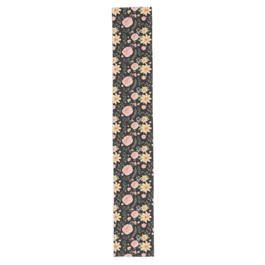 Zwart Elegant  Wildflower Roos Pattern Lange Tafelloper (Voorkant)
