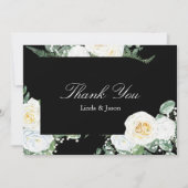 Zwart Elegant Witte Rozen bruiloft Dank u kaart (Voorkant)