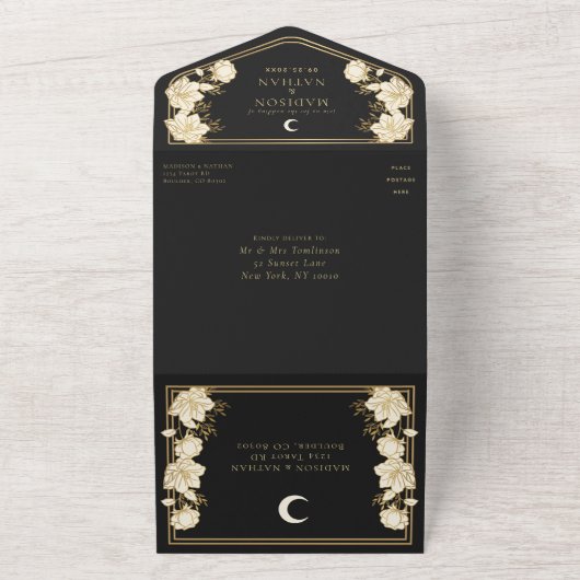 Zwart Elegante Arch Art Nouveau Huwelijk All In One Uitnodiging (Buitenkant)