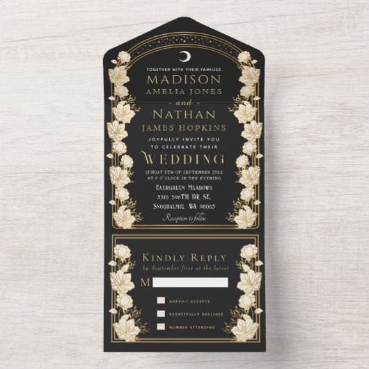 Zwart Elegante Arch Art Nouveau Huwelijk All In One Uitnodiging (Binnen)