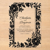 Zwart Elegante Bloemen Border Wedding Acryl Uitnodigingen (Voorkant)
