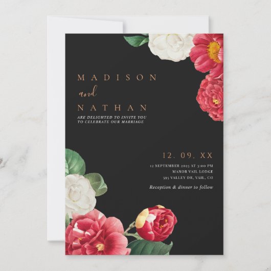 Zwart Elegante  Bloemen Huwelijksuitnodiging Kaart (Voorkant)