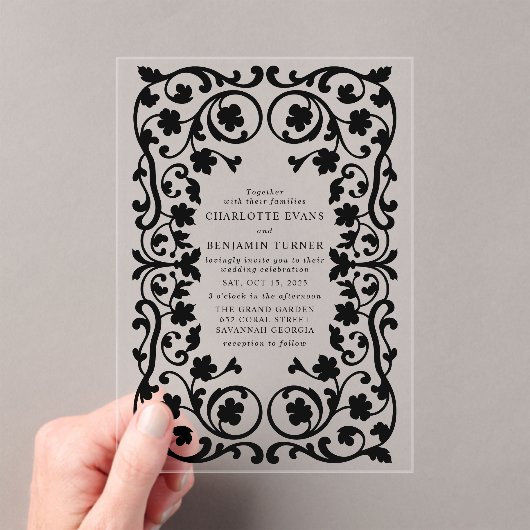 Zwart Elegante  Bloemen Lijst bruiloft Acryl Uitnodigingen (Insitu (Draagbaar))