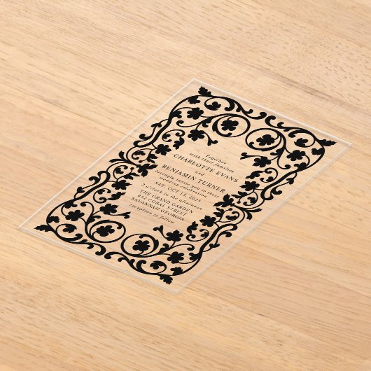 Zwart Elegante  Bloemen Lijst bruiloft Acryl Uitnodigingen (Laagn)