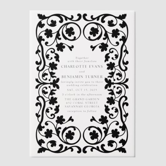 Zwart Elegante  Bloemen Lijst bruiloft Vellum Uitnodigingen (Voorkant)