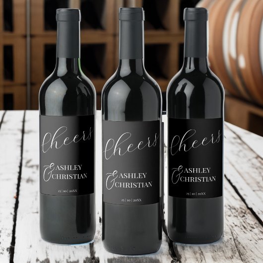 Zwart elegante eenvoudige huwelijksgunst gedrukt wijn etiket