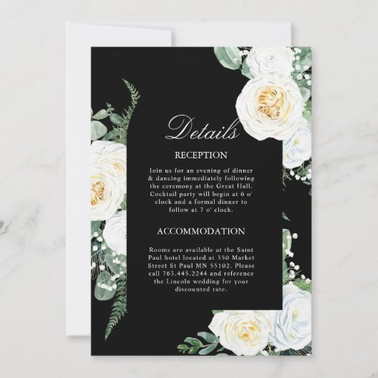 Zwart Elegante Witte Rozen Trouwruimte Kaart (Voorkant)