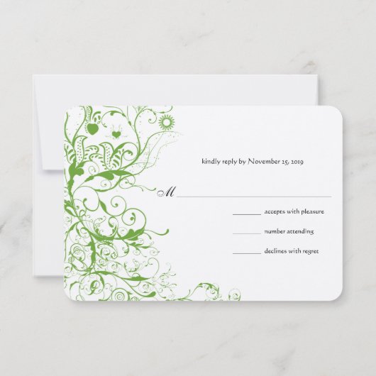 Zwart en Apple Green Love Bird Swirls RSVP (Achterkant)