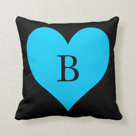 Zwart en Aqua Blue Heart Monogram Kussen