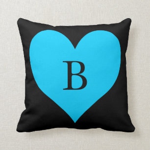 Zwart en Aqua Blue Heart Monogram Kussen