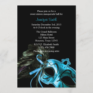 Zwart en Aqua Masquerade Sweet 16 Ball Uitnodiging