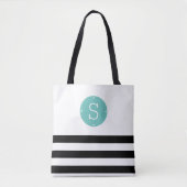Zwart en Aqua Monogram Stripe Tote Bag (Voorkant)