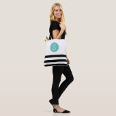Zwart en Aqua Monogram Stripe Tote Bag (Op model)