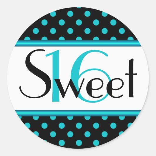 Zwart en Aqua Polka Dot Sweet 16 Sticker (Voorkant)