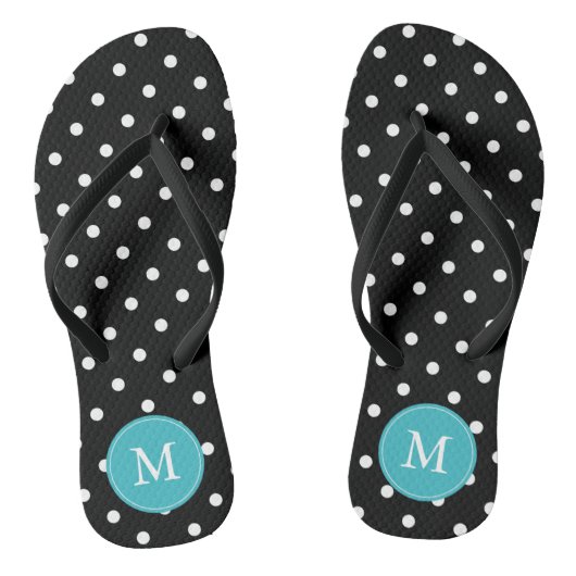 Zwart en Aqua Polka Dots Monogrammed Teenslippers (Voetbed)