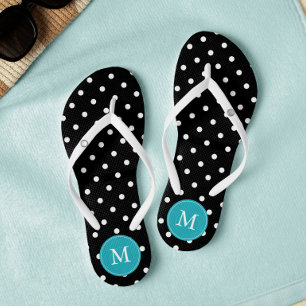 Zwart en Aqua Polka Dots Monogrammed Teenslippers