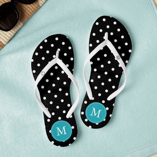 Zwart en Aqua Polka Dots Monogrammed Teenslippers