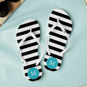 Zwart en Aqua Stripes Monogrammed Teenslippers