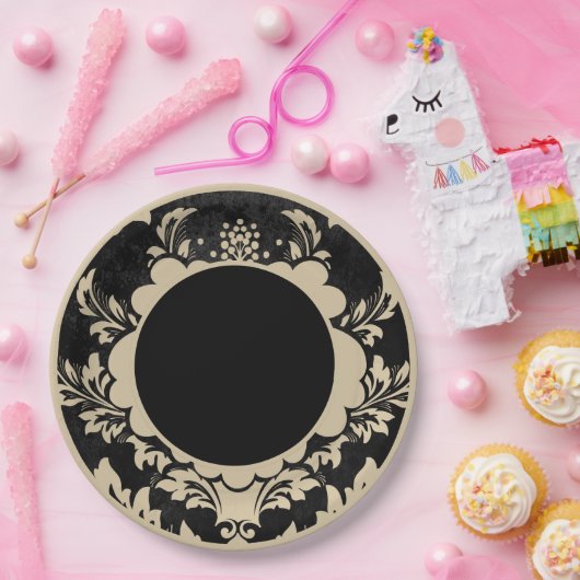 Zwart en beige bloemig formeel trouwpapier bord (Feest)