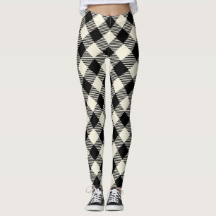Zwart en beige diagonale geruite plaid patroon leggings
