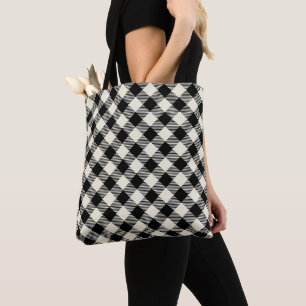 Zwart en beige diagonale geruite plaid patroon tote bag