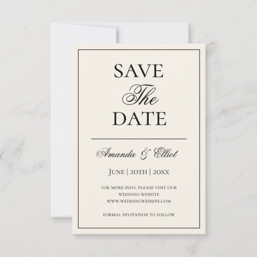 Zwart en beige minimalistisch script bruiloft save the date (Voorkant)