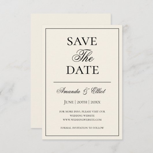 Zwart en beige minimalistisch script bruiloft save the date (Voorkant / Achterkant)