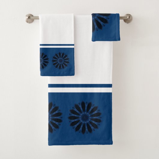 Zwart en Blauw Abstracte Bloem Bad Handdoek (Insitu)