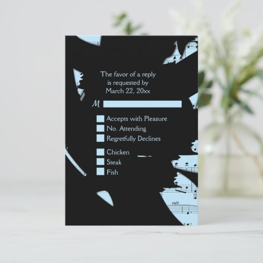 Zwart en Blauw Abstracte Muziek RSVP met Menu Keuz (Staand voorkant)