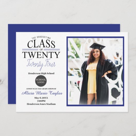 Zwart en Blauw Afstuderen Uitnodiging met Foto (Voorkant / Achterkant)