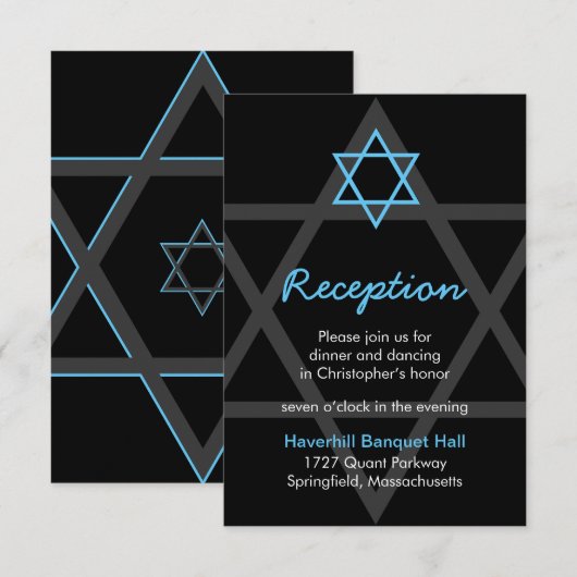 Zwart en blauw Bar Mitzvah Receptie Insert Kaart (Voorkant / Achterkant)