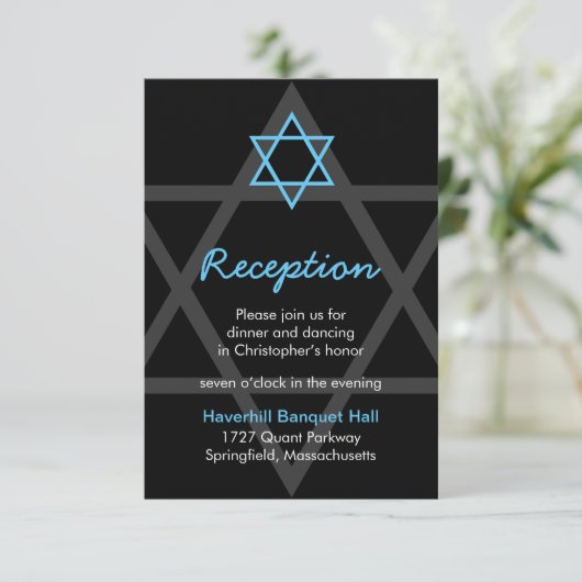 Zwart en blauw Bar Mitzvah Receptie Insert Kaart (Staand voorkant)