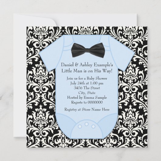 Zwart en blauw Damask Baby Boy Shower Kaart (Voorkant)